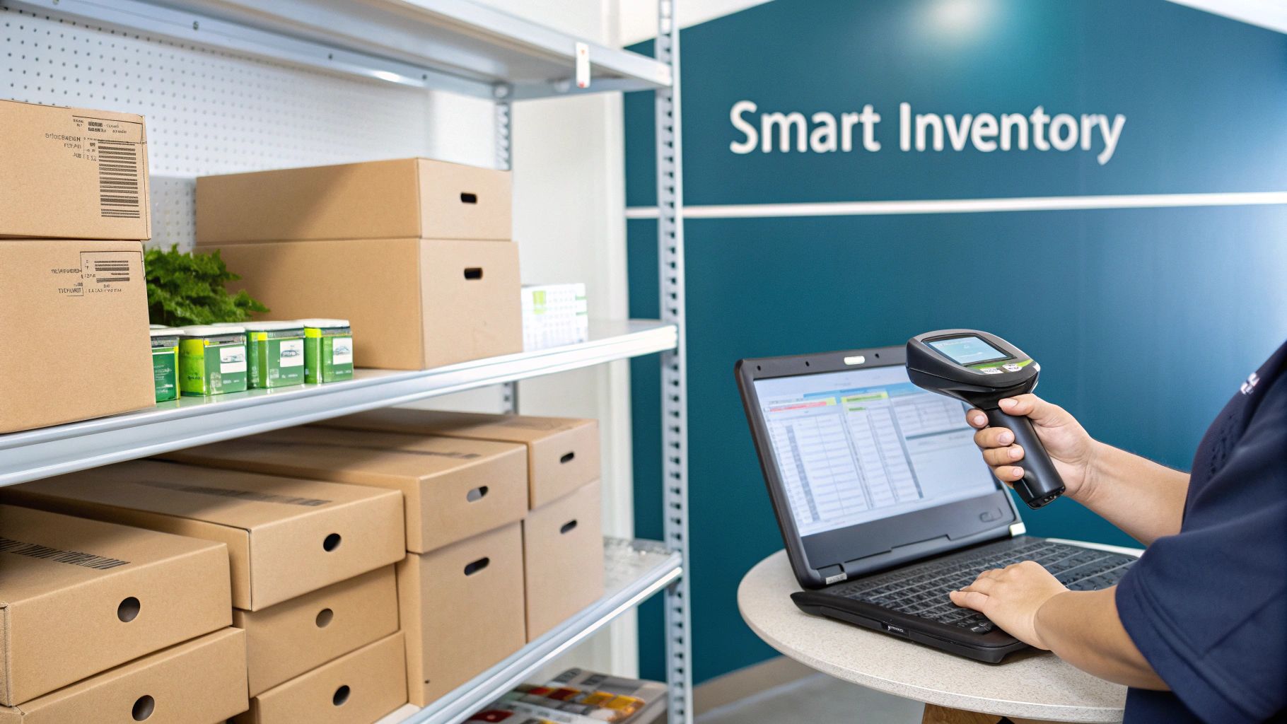 A person uses a handheld scanner and laptop for smart inventory management in a storage area.