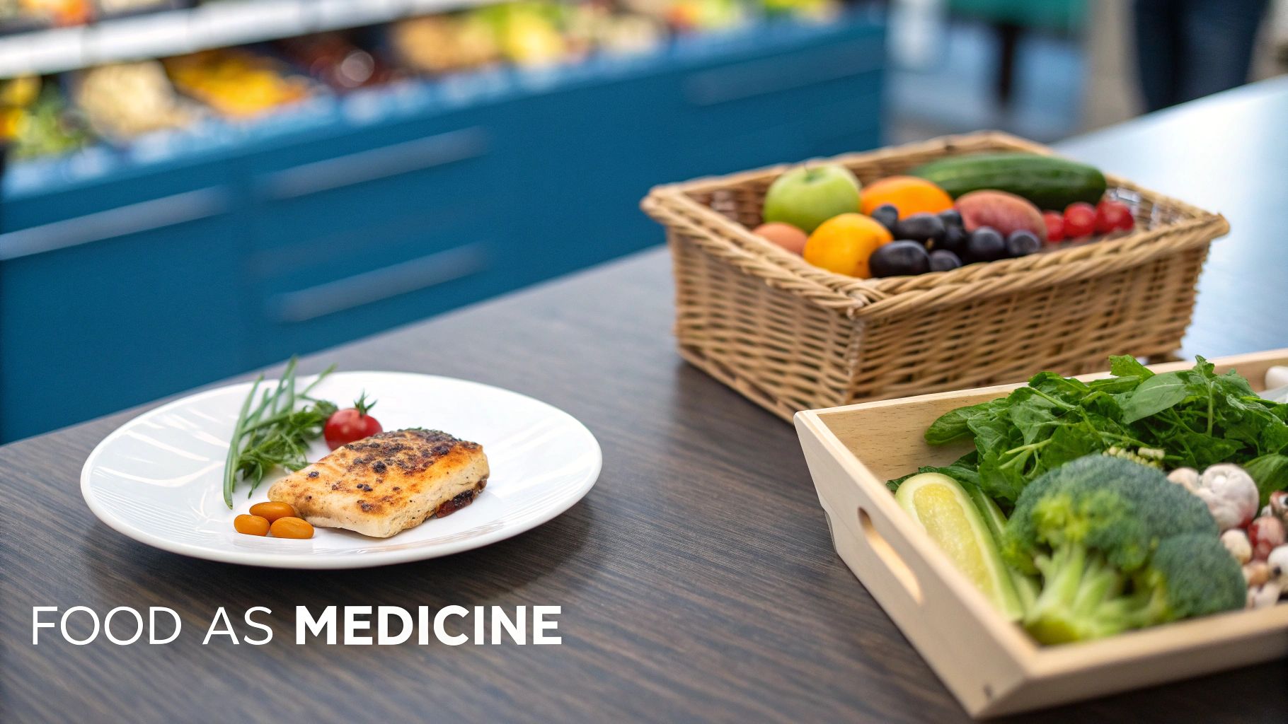 A healthcare professional discussing nutrition options with a patient, with fresh produce on the table between them.
