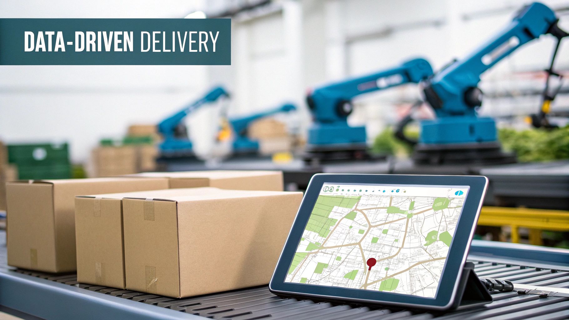 Tablet displaying route map on conveyor belt with cardboard boxes and robotic arms in warehouse