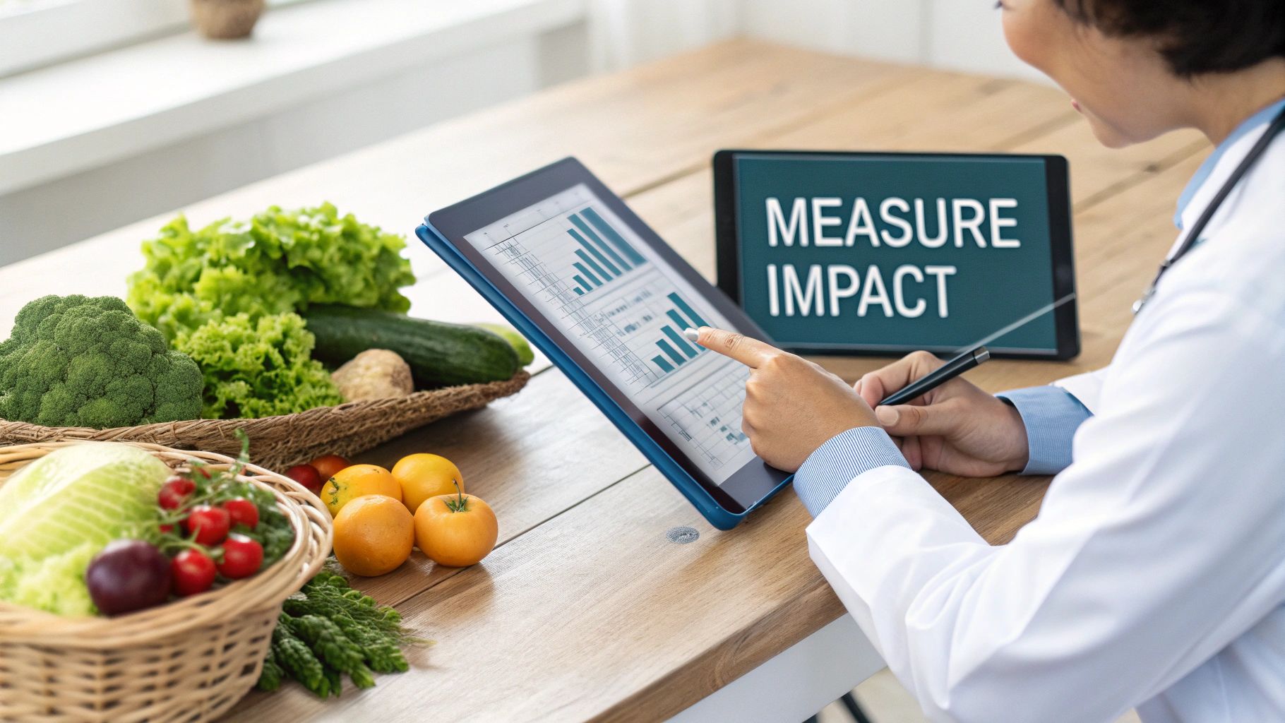 Healthcare professional analyzes nutrition impact data on a tablet surrounded by healthy food.