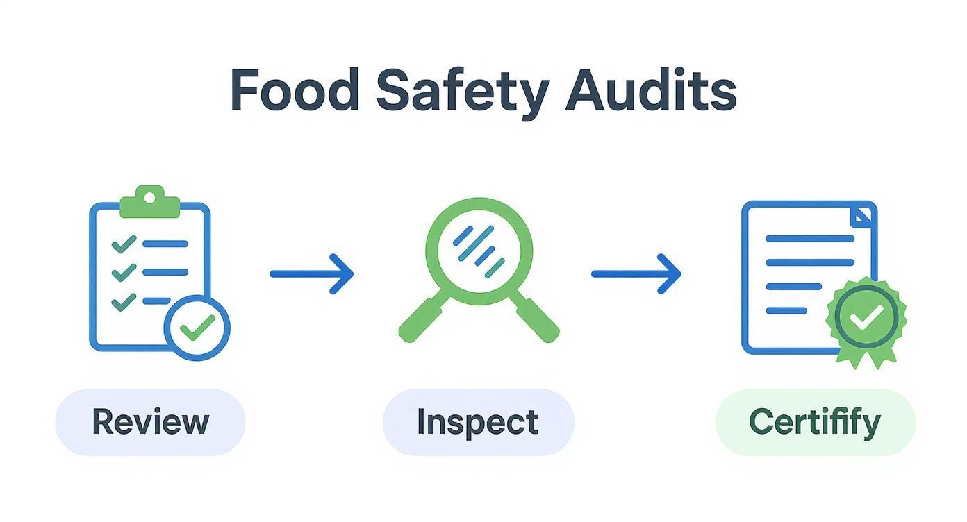 Food safety audit process diagram showing three steps: review checklist, inspect with magnifying glass, and certify with approved document