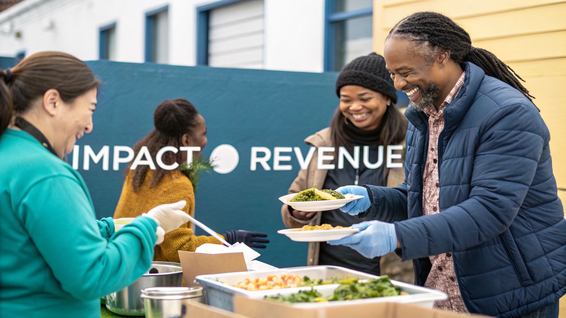 Diverse group of smiling people serving and receiving food at an outdoor community event.