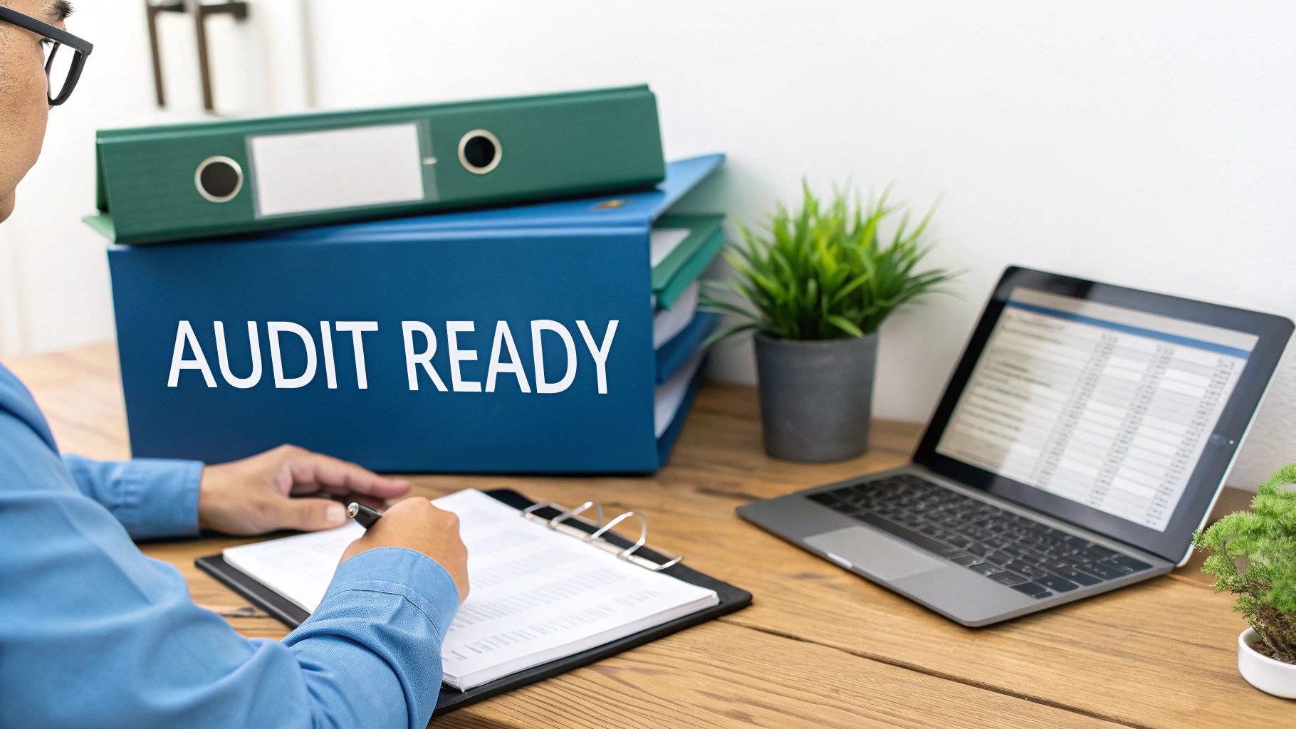 A person at a desk organizing CACFP paperwork and using a laptop.
