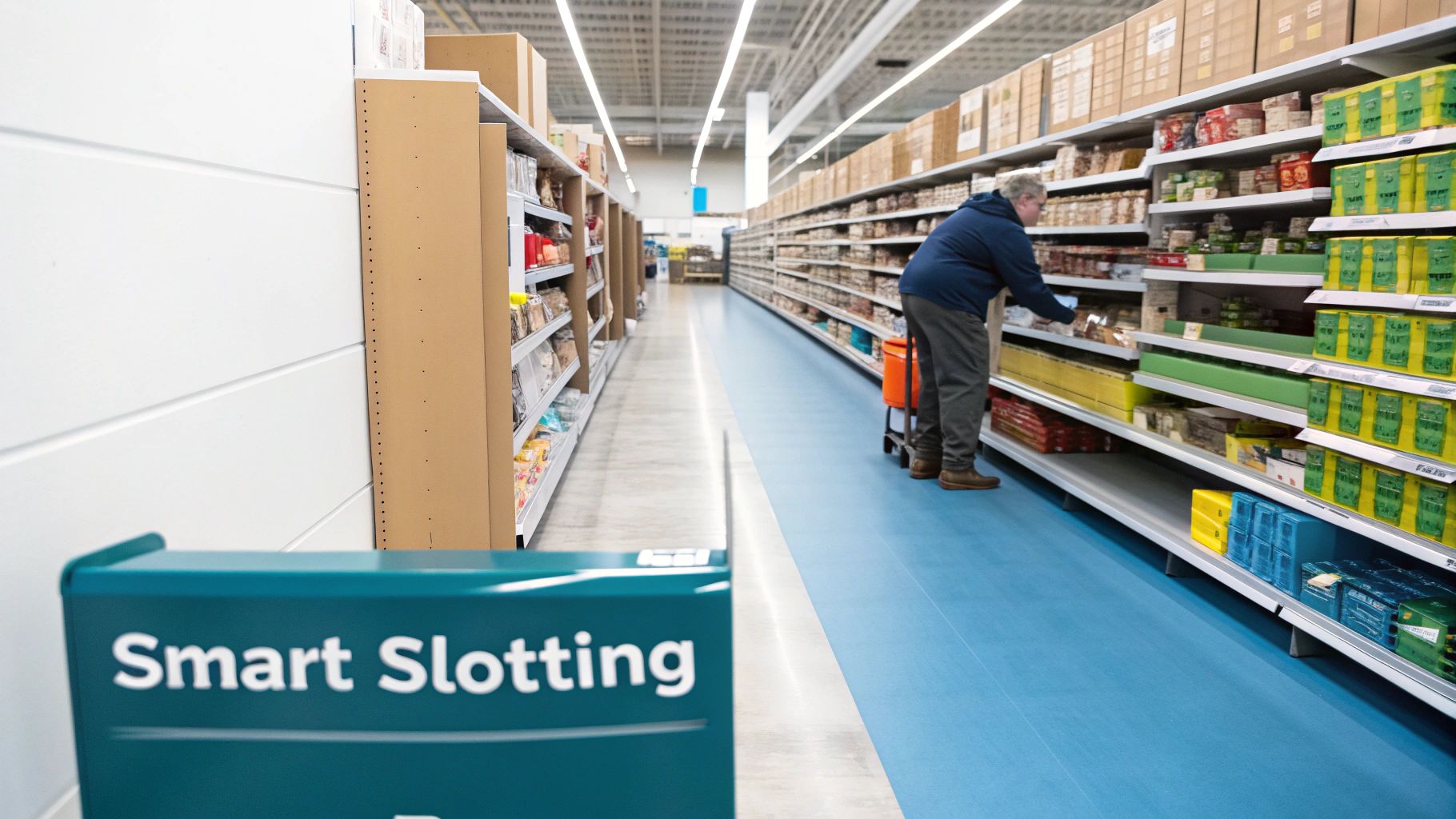 Warehouse aisle with a man stocking shelves, highlighting efficient 'Smart Slotting' product placement.