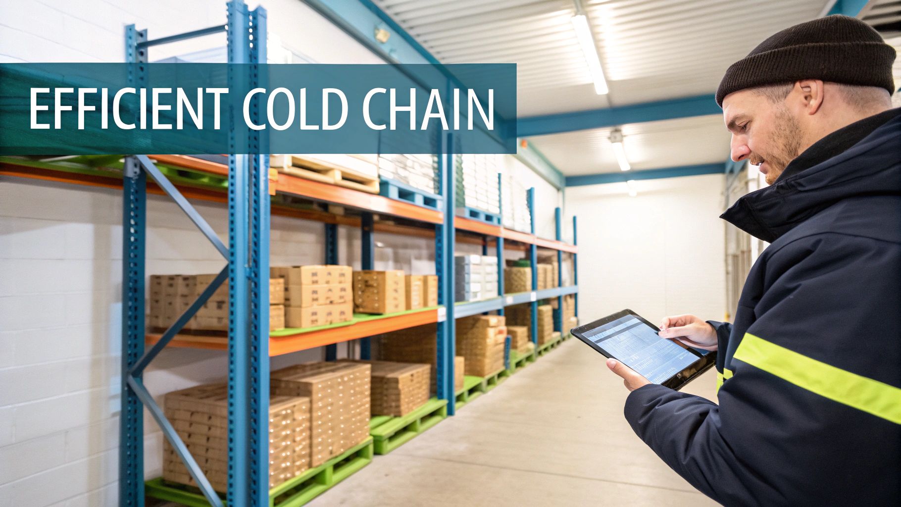 Warehouse worker using digital tablet to manage cold storage inventory in refrigerated facility