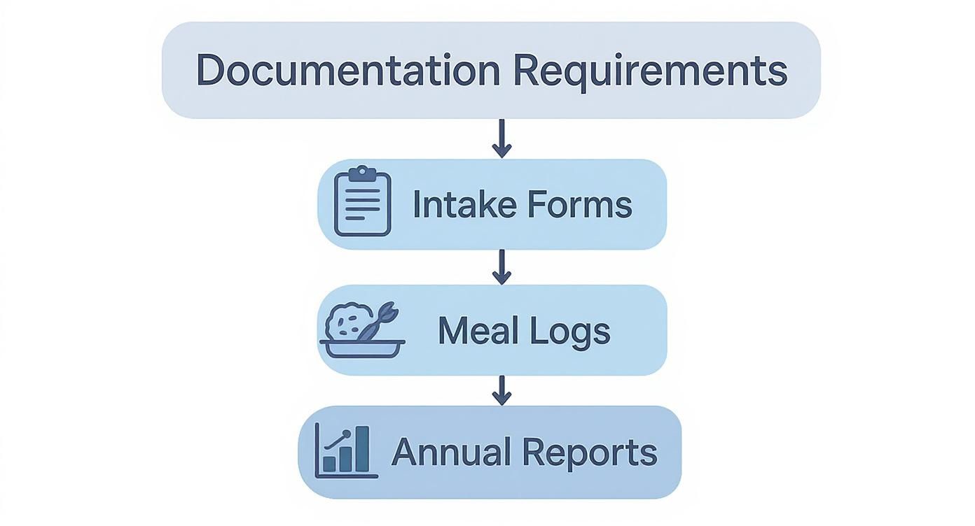 Flowchart illustrating documentation requirements including Intake Forms, Meal Logs, and Annual Reports.