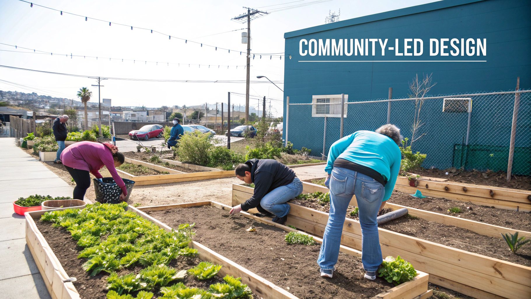 Diverse people actively plant and tend to a vibrant community garden with raised beds.