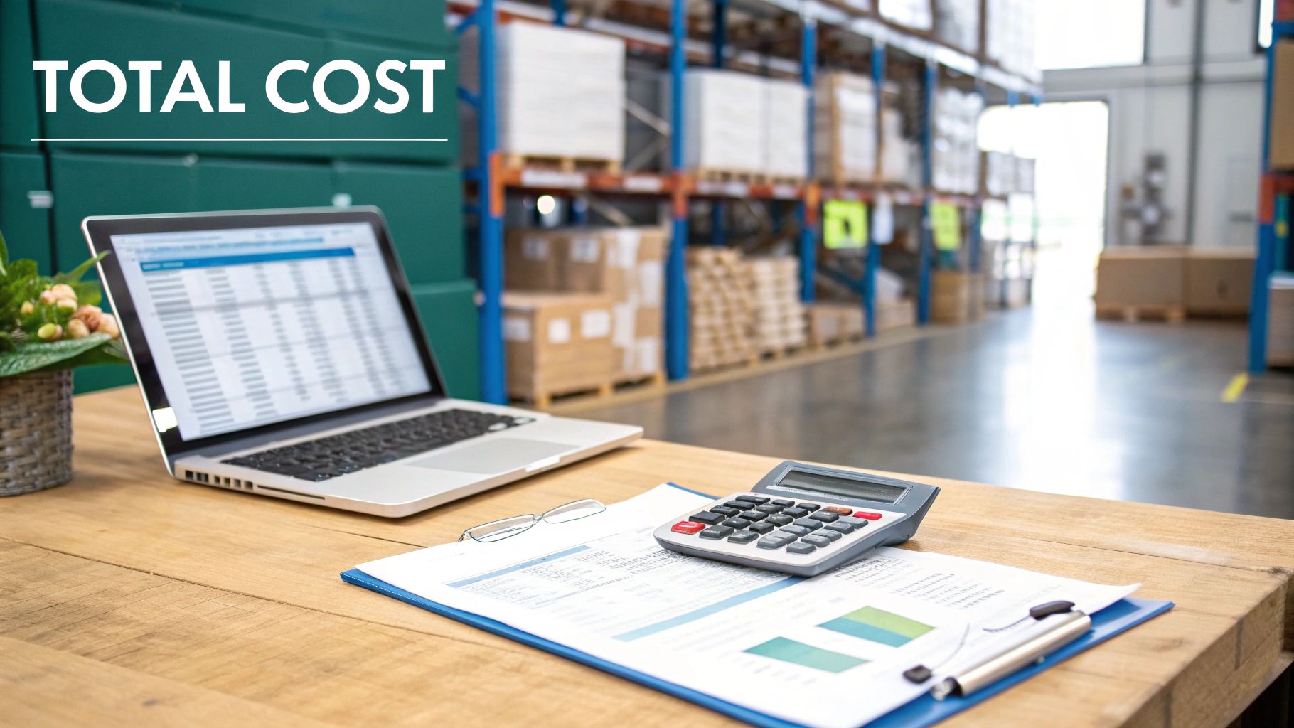 Laptop, calculator, and financial documents on a wooden desk in a warehouse with 'TOTAL COST' text.