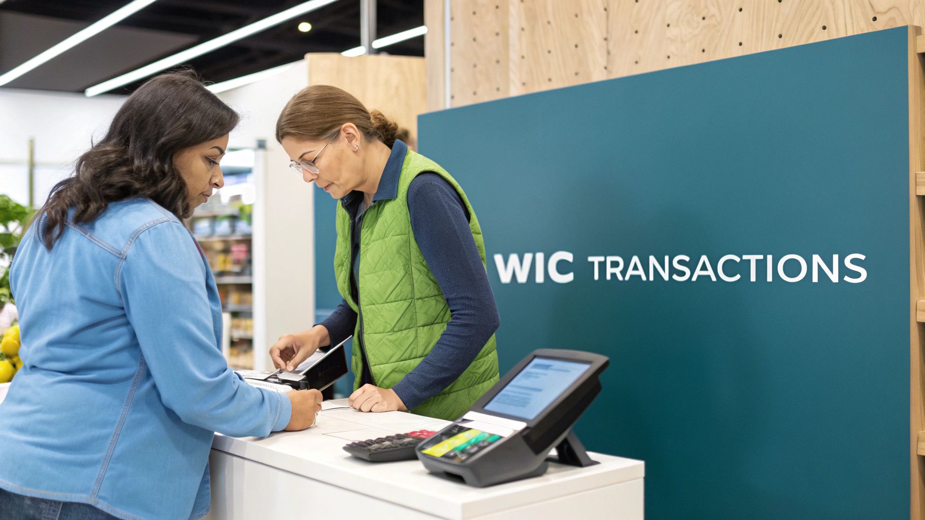 A cashier processes a WIC transaction in a well-lit, friendly grocery store.