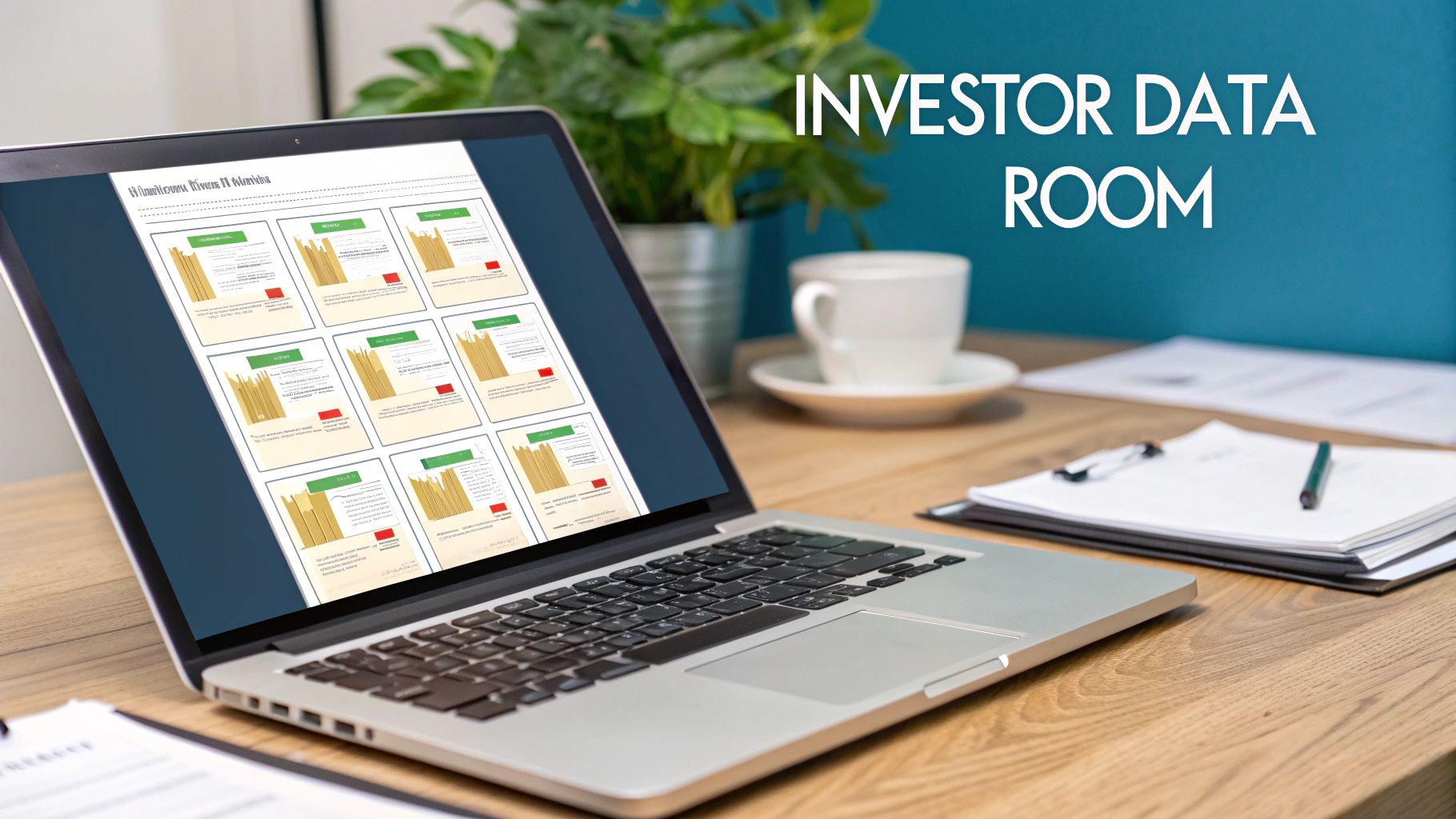 Laptop displaying financial charts for an 'INVESTOR DATA ROOM' on a wooden desk with coffee and papers.