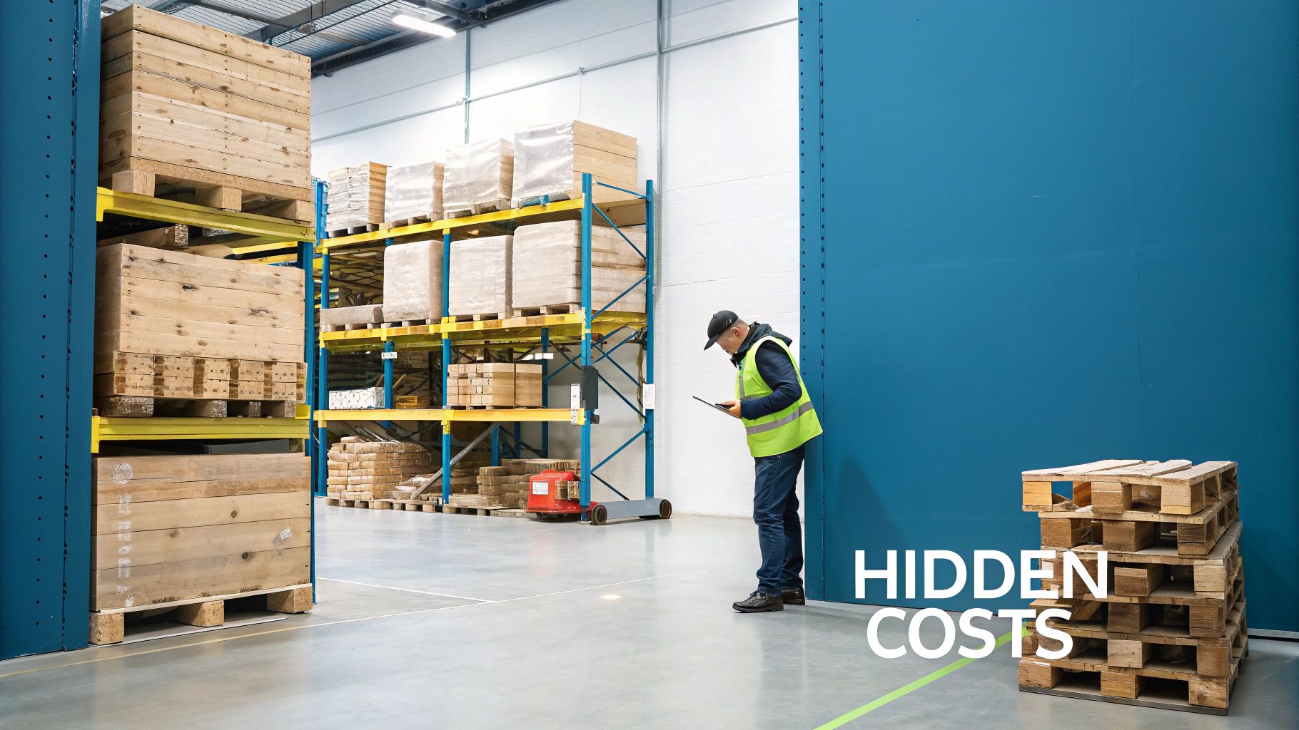 Warehouse worker in a high-visibility vest using a tablet near storage shelves, pallets, and 'HIDDEN COSTS' text.