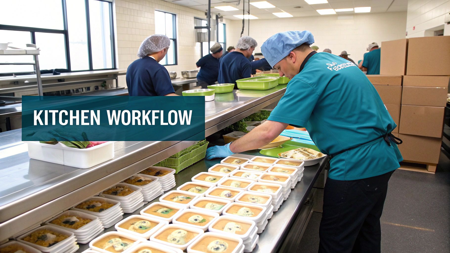 Food service staff package healthy, pre-portioned meals in an industrial kitchen setting.