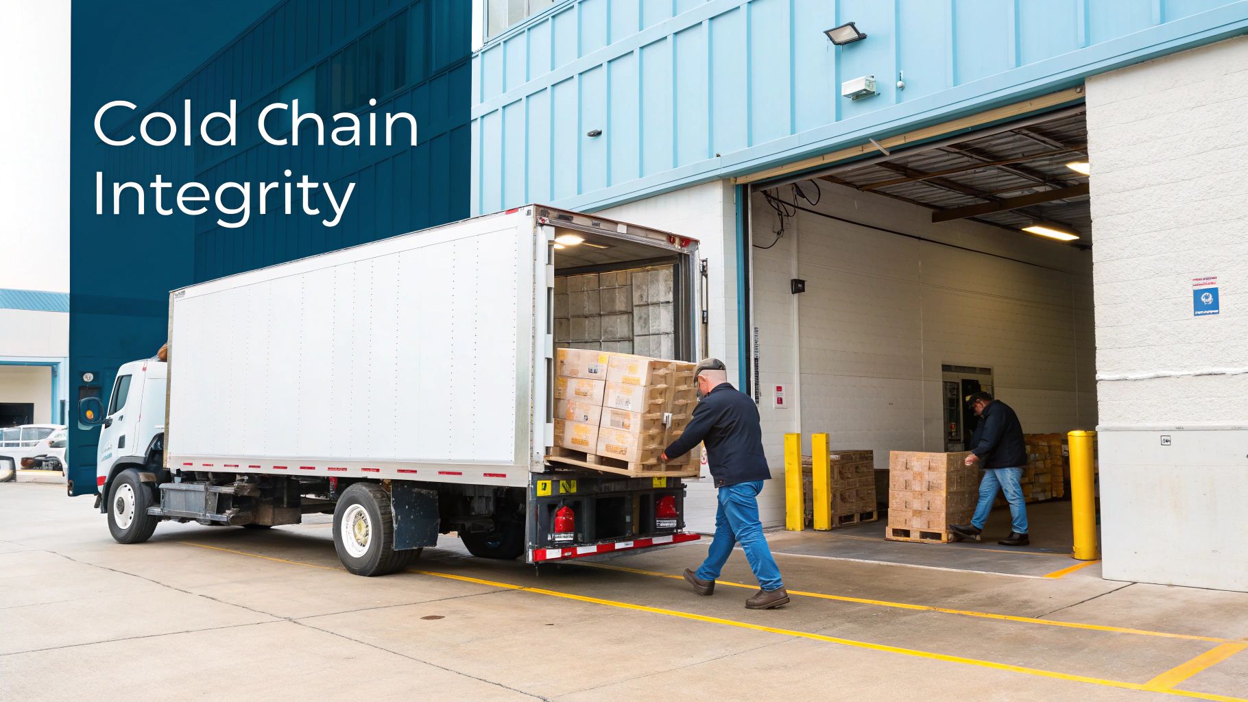Workers unload pallets of goods from a white truck at a loading dock, emphasizing cold chain logistics.