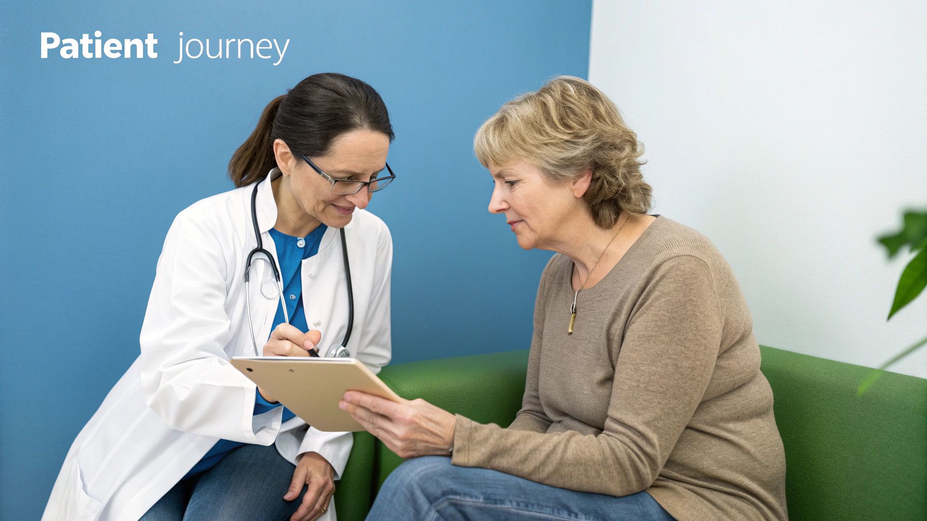 A patient and a dietitian smiling and looking at a tablet together in a bright, welcoming office.