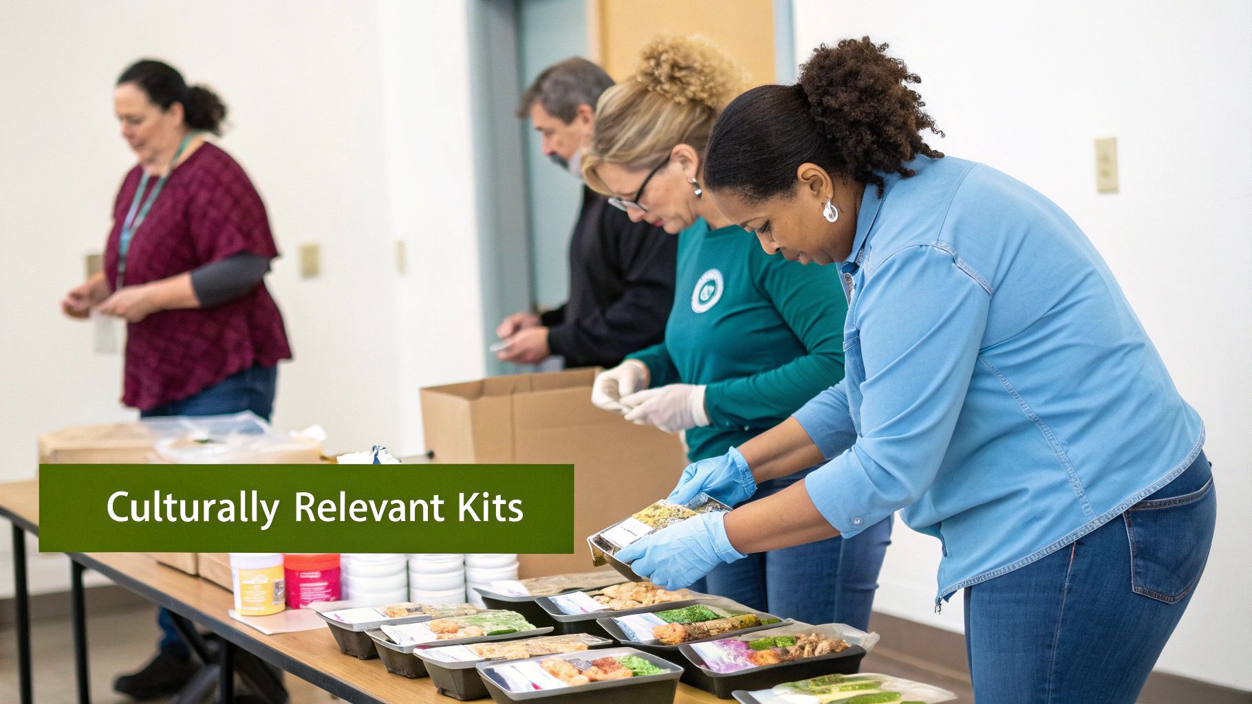 Several people, some wearing gloves, prepare culturally relevant meal kits on a long table.
