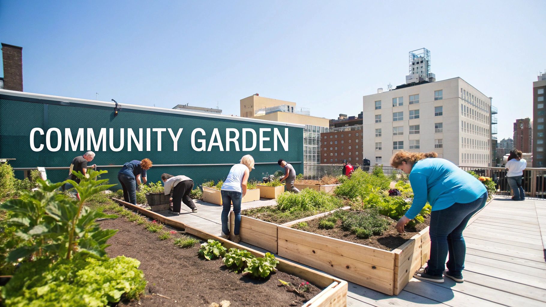 People actively working in a vibrant rooftop community garden under a clear blue sky, tending to plants in raised beds.
