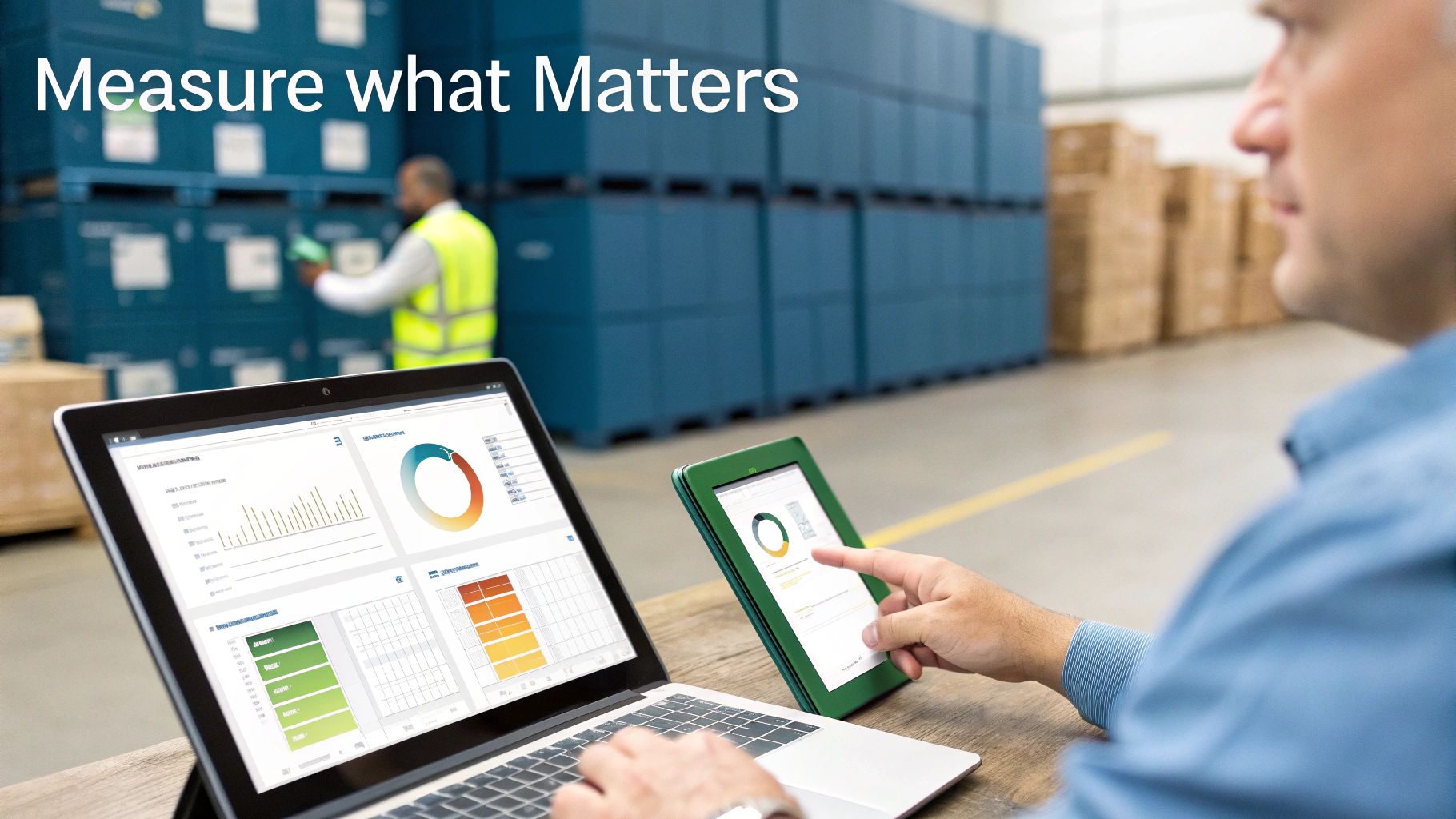 A person analyzing data dashboards on a laptop and tablet in a warehouse, optimizing operations.
