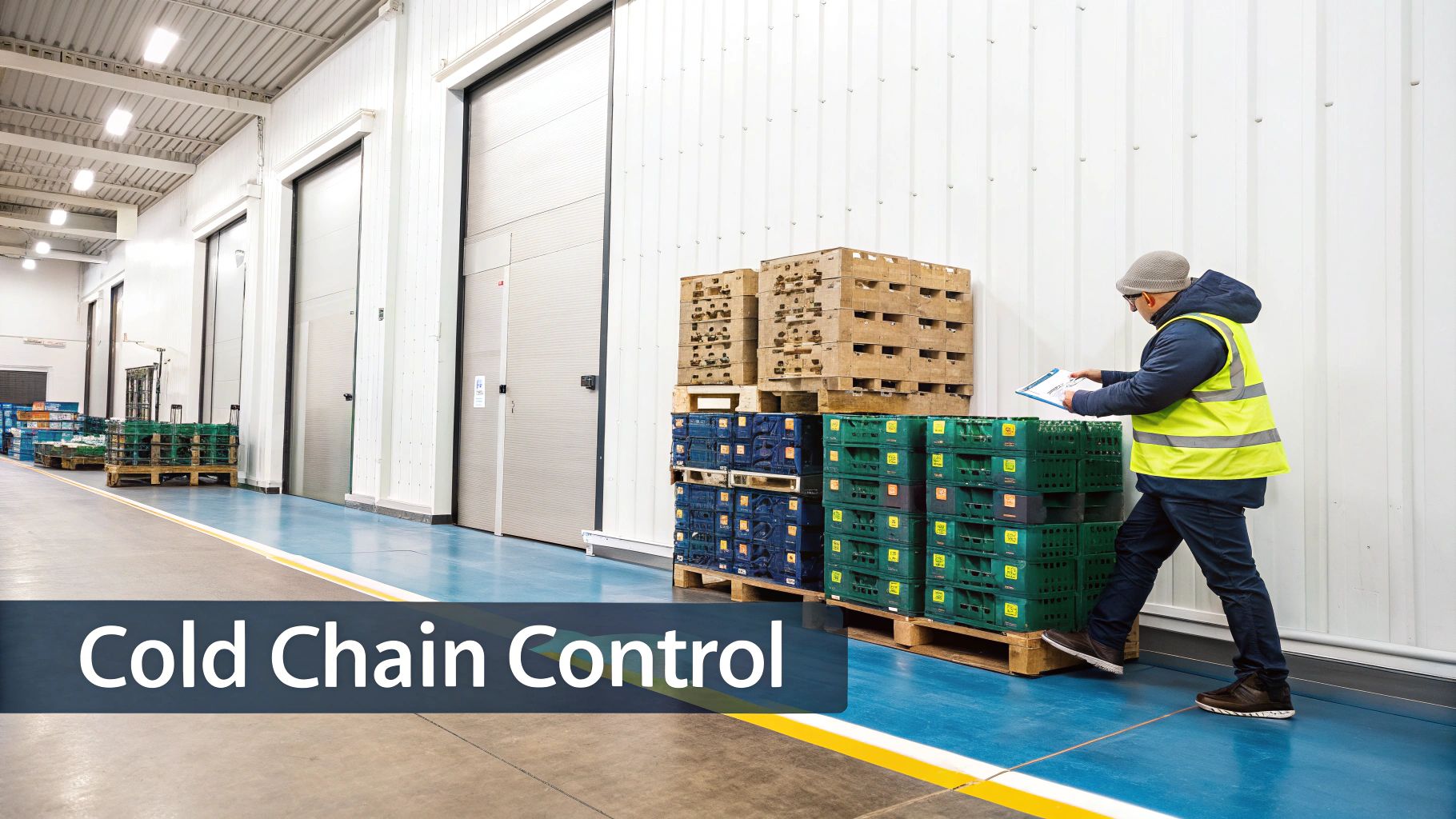 Warehouse worker in safety vest managing cold chain control inventory with clipboard and stacked crates