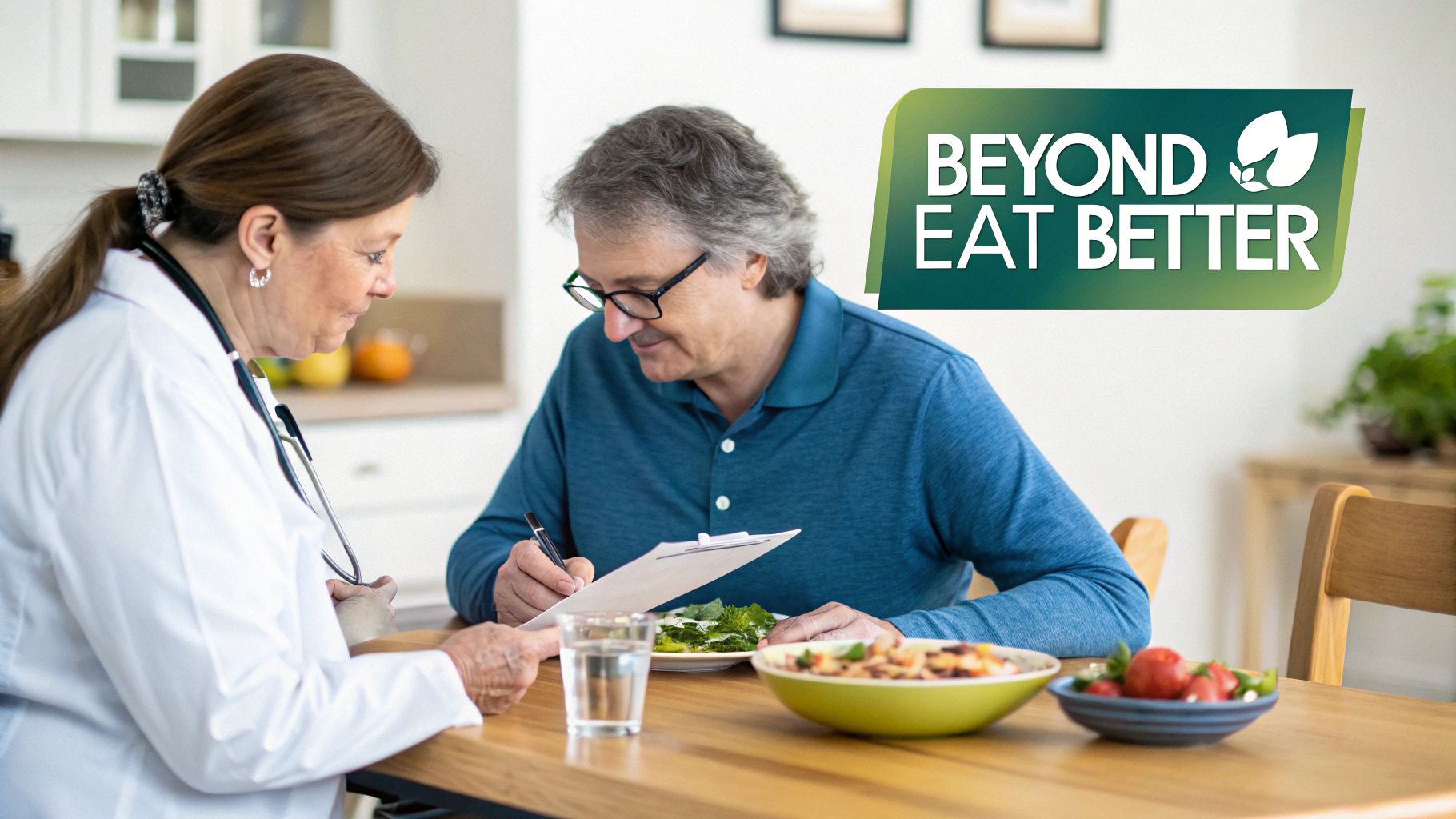 Doctor and patient discussing healthy eating and nutrition while signing documents at a table with fresh food.