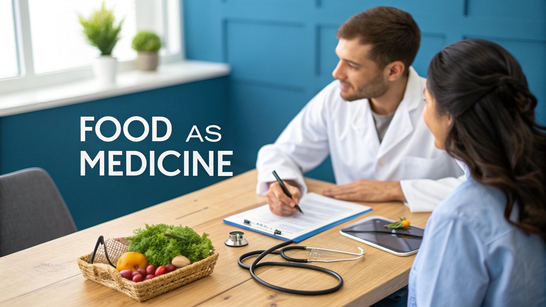 A healthcare professional discussing nutrition with a patient, with fresh fruits and vegetables on the table.