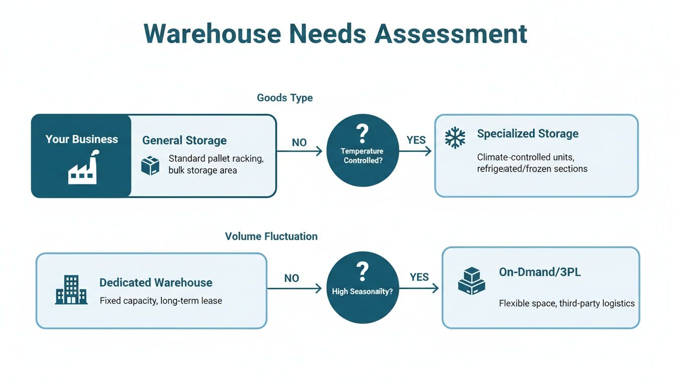 Flowchart for warehouse needs assessment, guiding storage type decisions based on goods and volume.