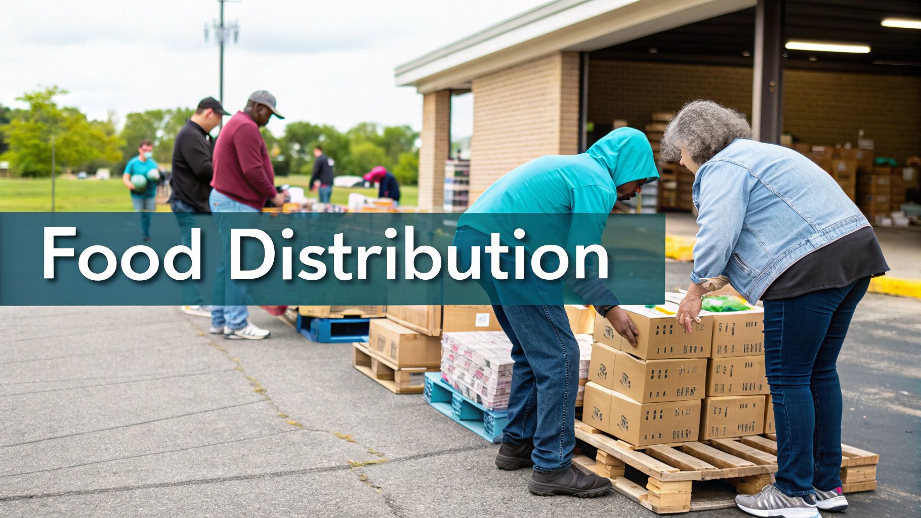 Warehouse workers packing boxes of food