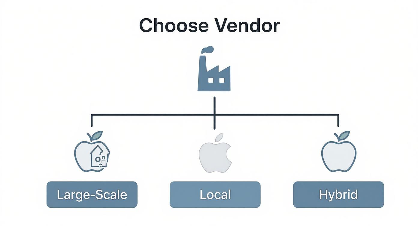 Infographic decision tree for choosing between large-scale, local, or hybrid school breakfast program vendors.