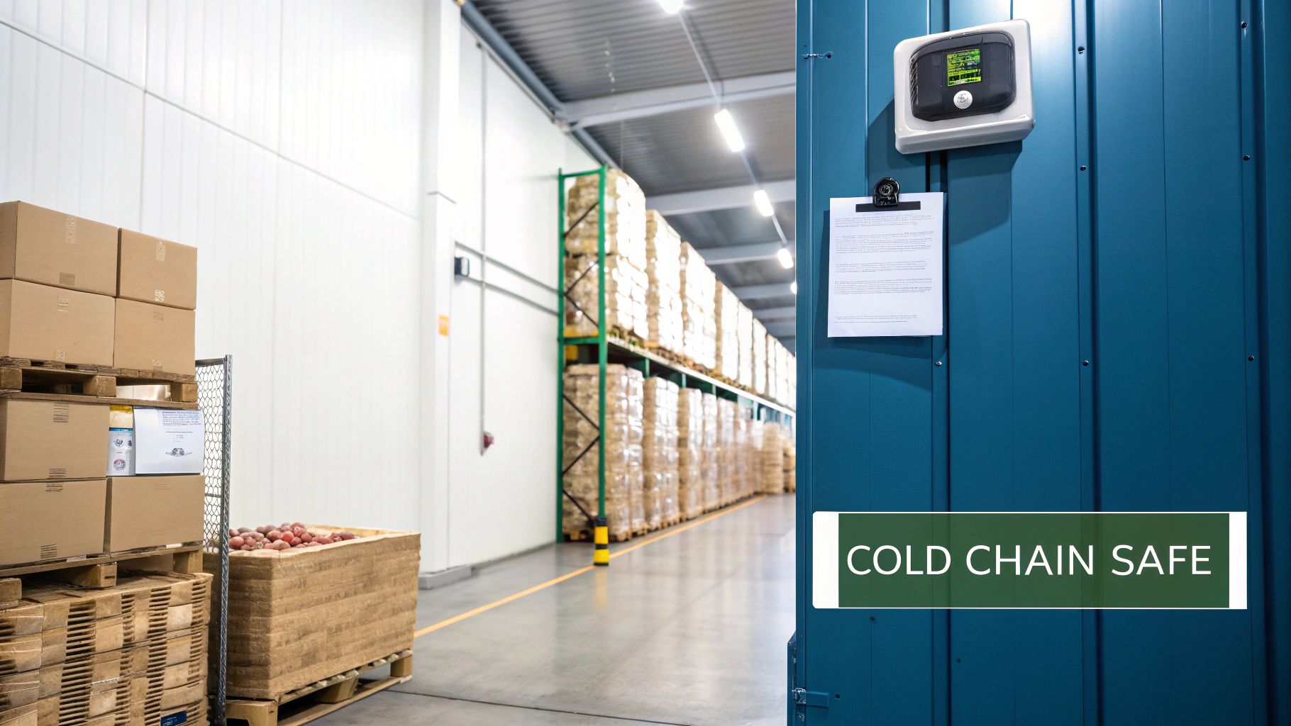 Inside a cold chain warehouse with pallets of products, a temperature monitor, and a 'COLD CHAIN SAFE' sign.