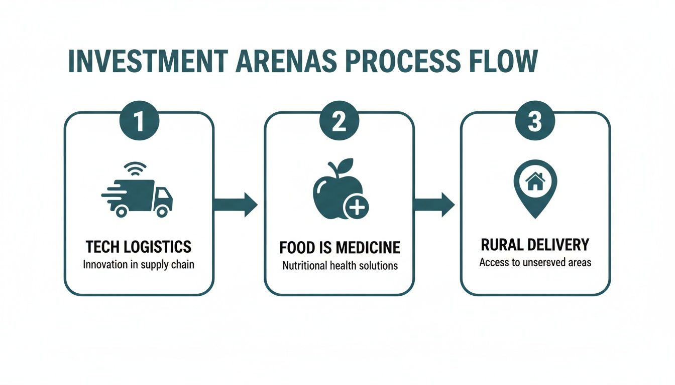 Process flow diagram illustrating three investment arenas: Tech Logistics, Food is Medicine, and Rural Delivery.