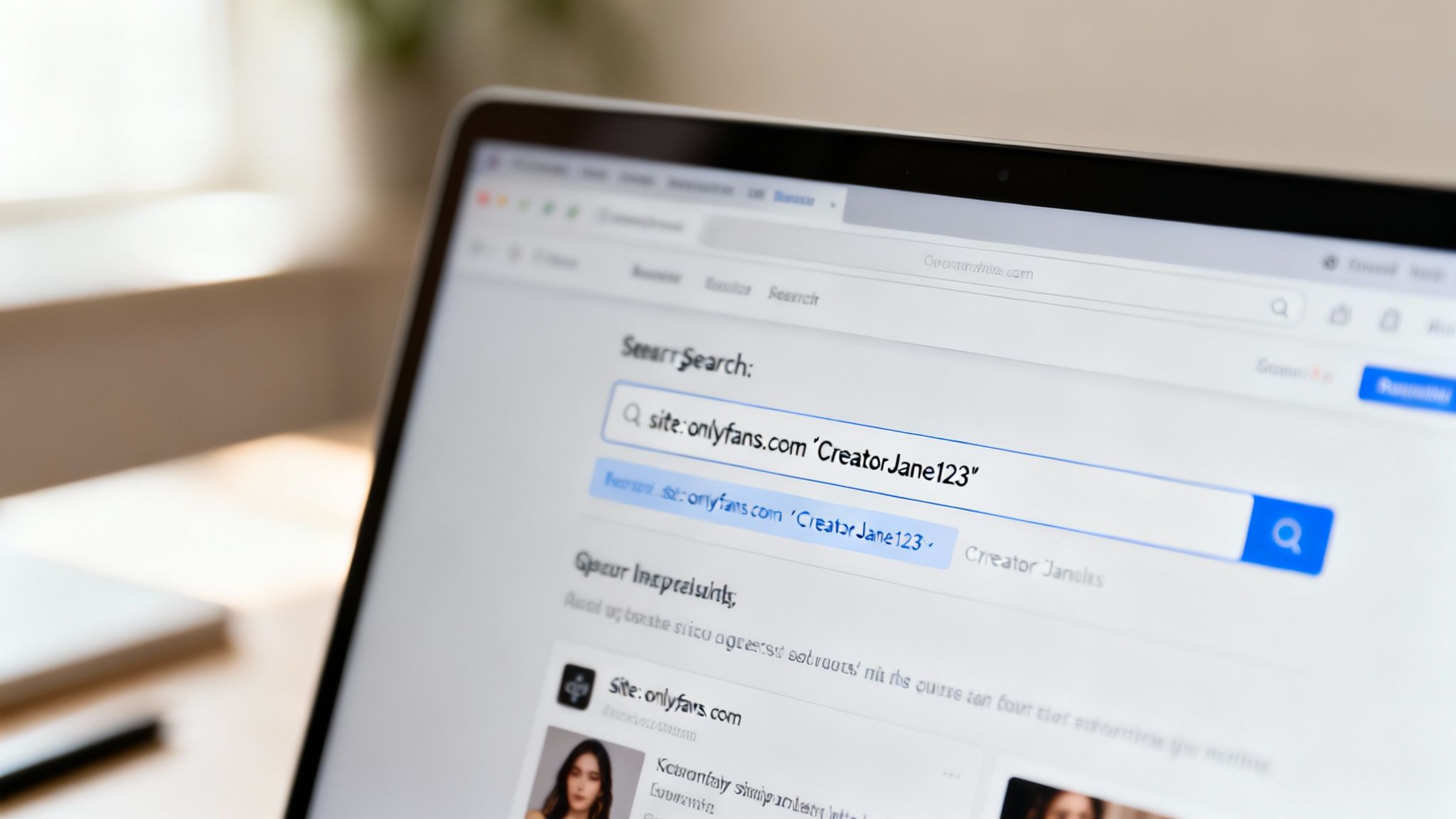 Laptop screen showing a search engine results page with a query for 'CreatorJane123' on OnlyFans.com.