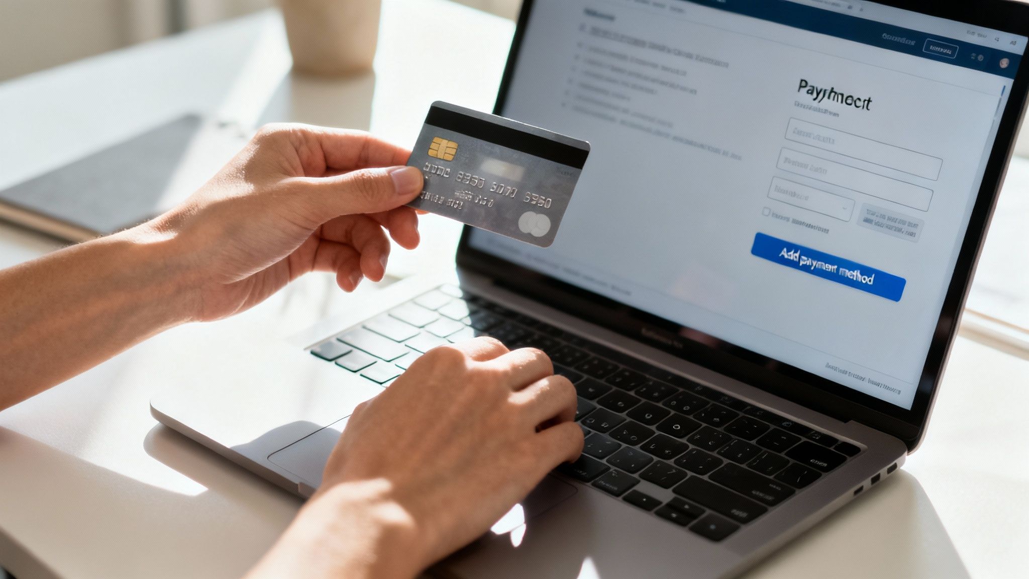 Person holding credit card entering payment information on laptop computer for online subscription
