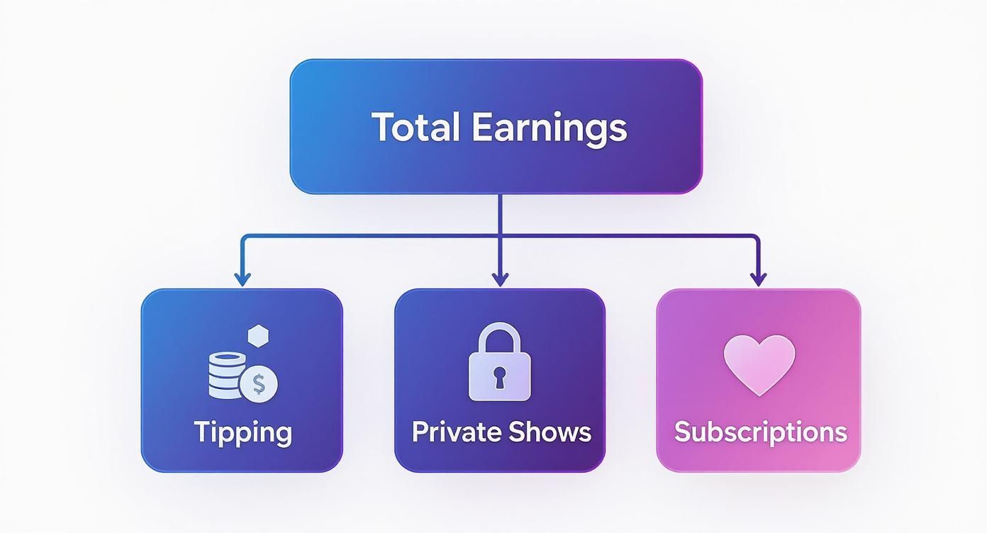 Flowchart showing total earnings composed of tipping, private shows, and subscriptions.