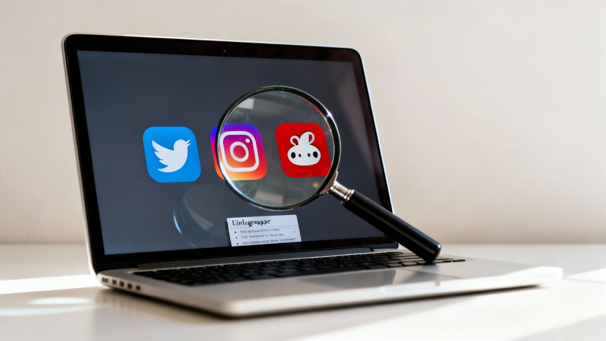 Magnifying glass over social media apps, Instagram, Twitter, and a red rabbit icon, on a laptop screen.