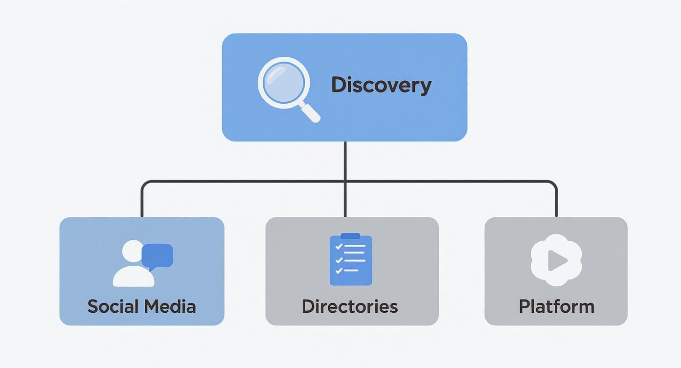 A diagram illustrating 'Discovery' methods: Social Media, Directories, and Platform with icons.