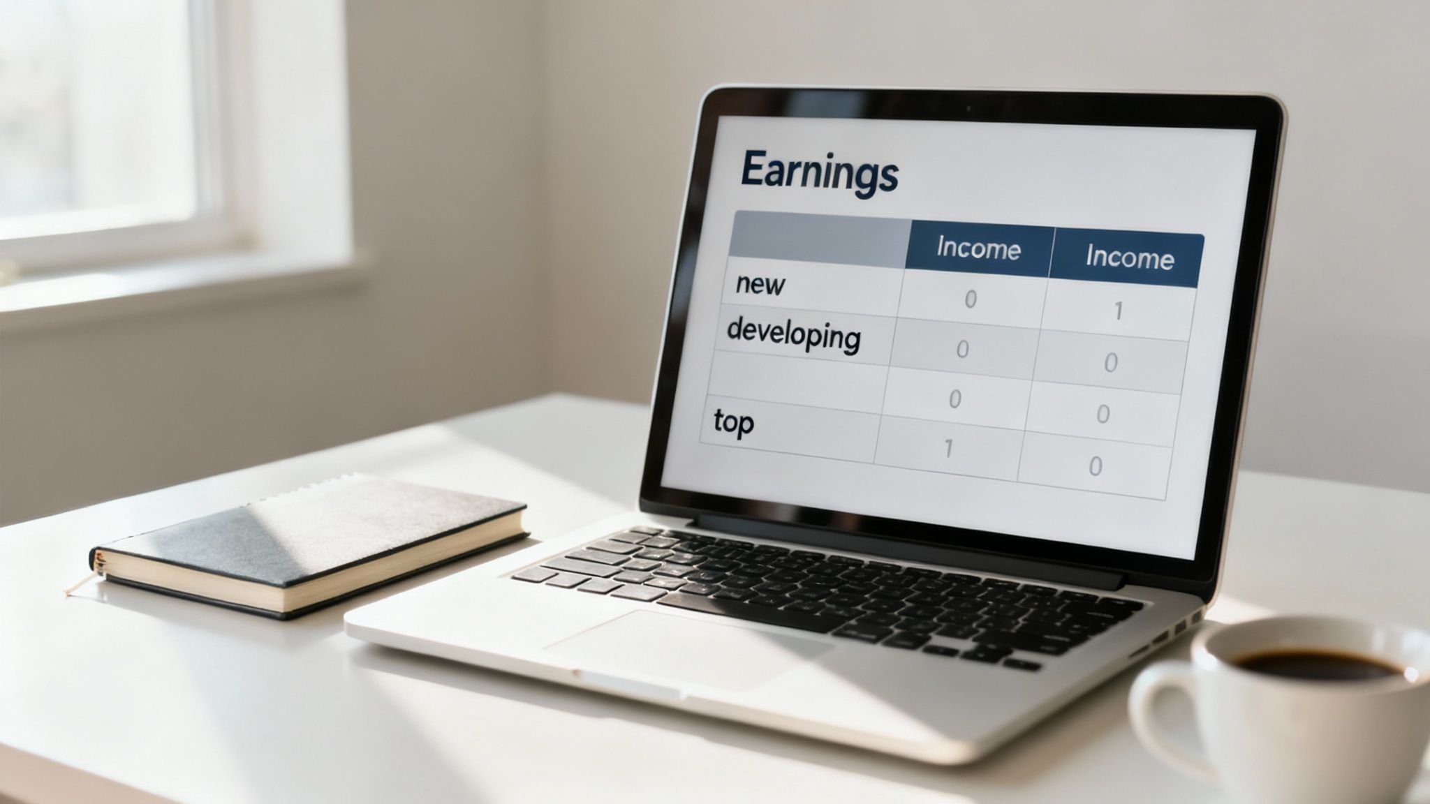 A laptop displays an earnings report table, next to a notebook and a cup of coffee on a desk.