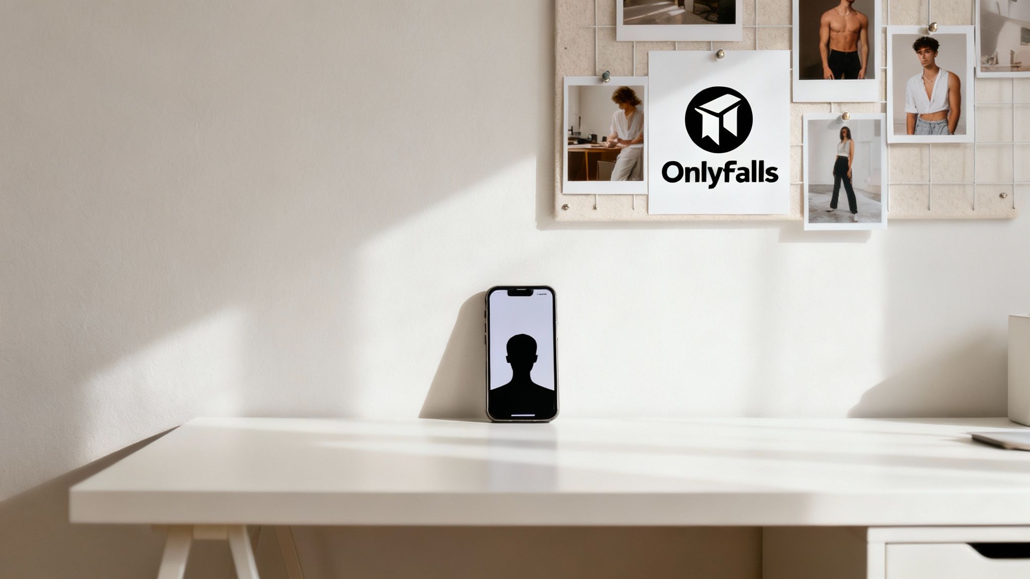 A clean white desk with a smartphone, featuring a corkboard displaying photos and an Onlyfalls logo.