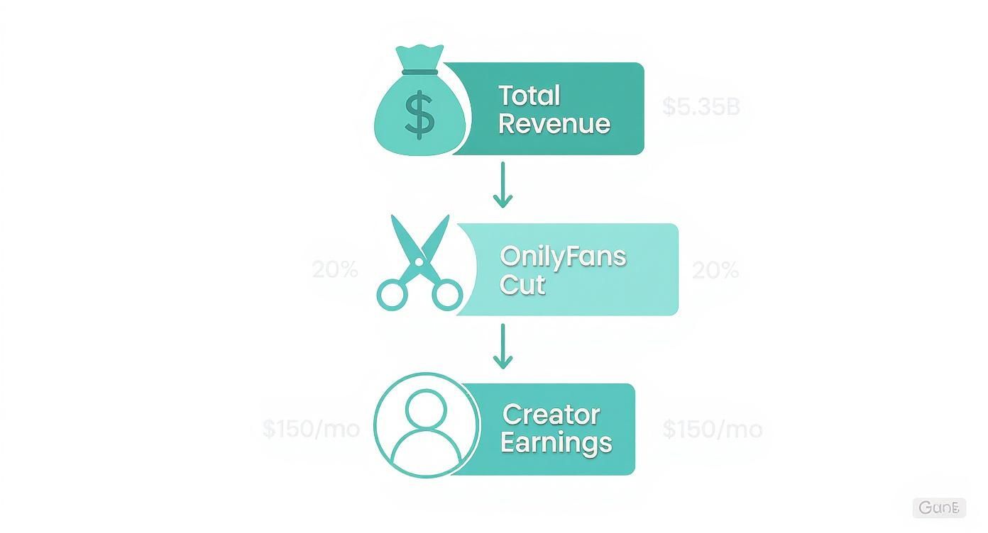 Infographic detailing OnlyFans' revenue distribution: total revenue, platform cut, and average creator income.