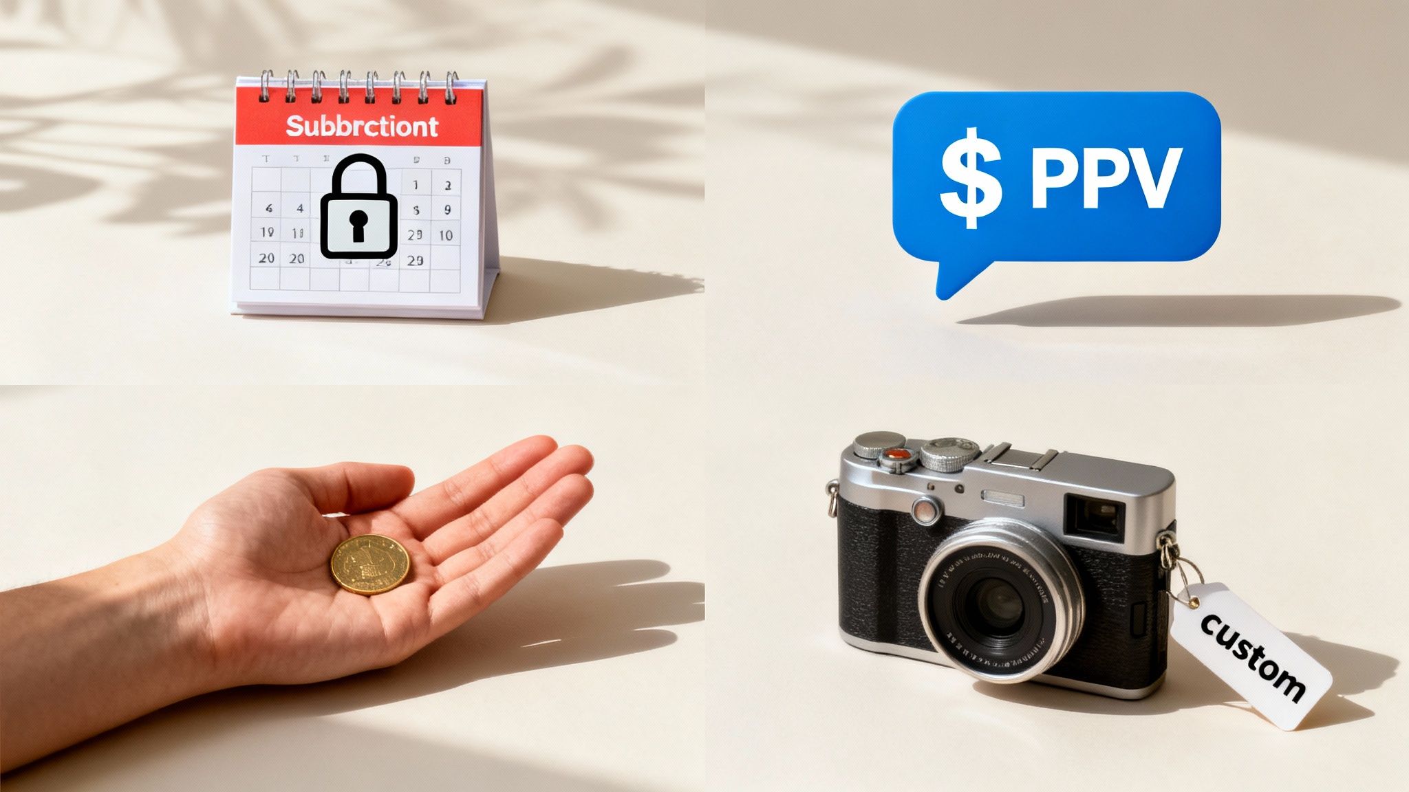 Four panels showing a locked subscription calendar, a PPV speech bubble, a hand with a gold coin, and a camera with a custom tag.