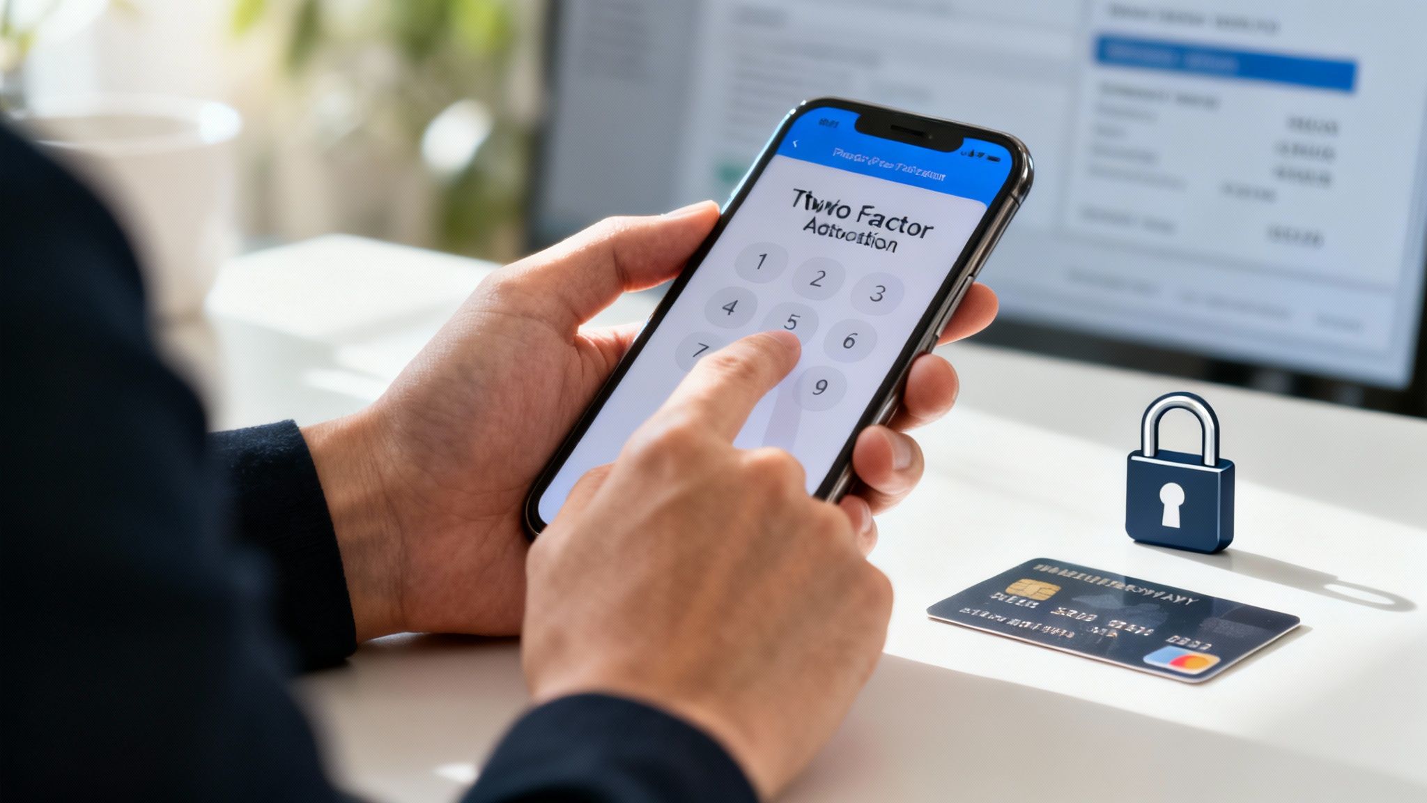 Person uses smartphone for two-factor authentication with credit card and security padlock.