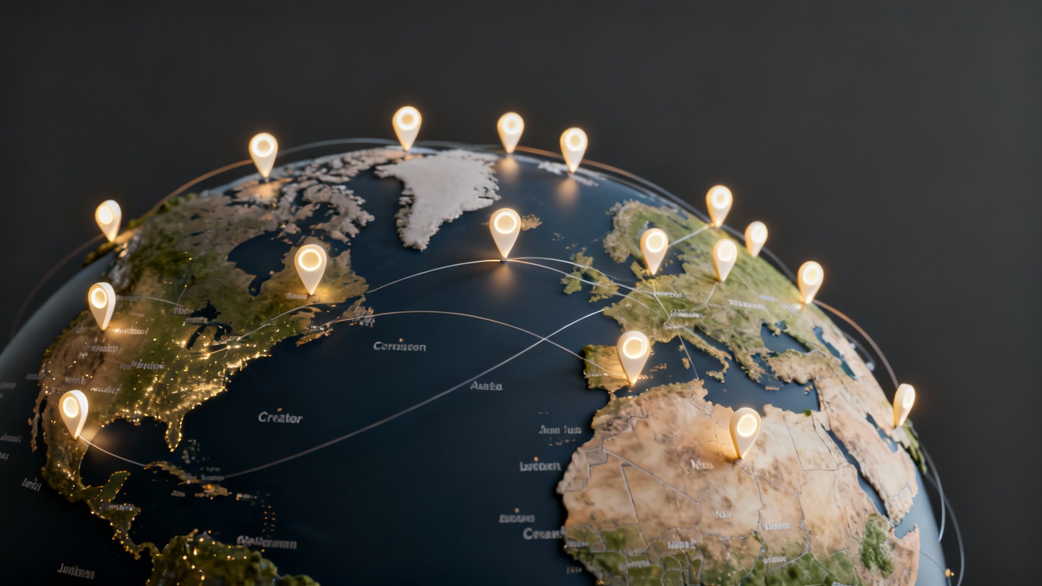 Illustration of a globe with glowing pins and connecting lines, symbolizing a global community becoming localized.
