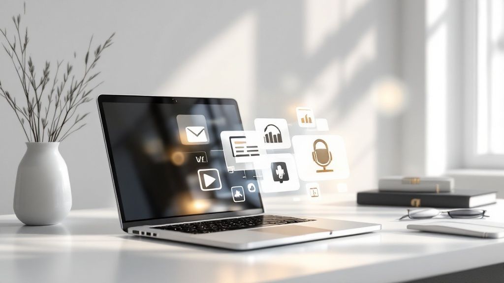 An overhead shot of a content creator's desk with a laptop, camera, notebook, and coffee, representing the tools of the trade.