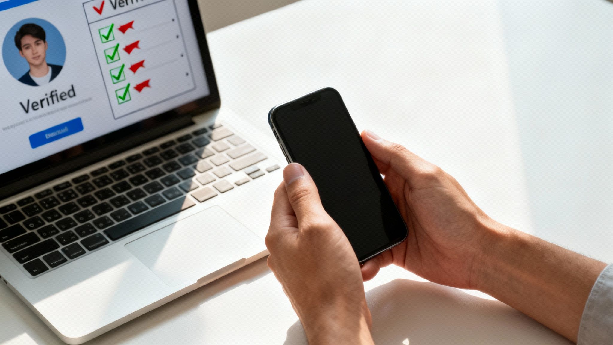 A magnifying glass hovering over a social media profile, symbolizing the act of verification.