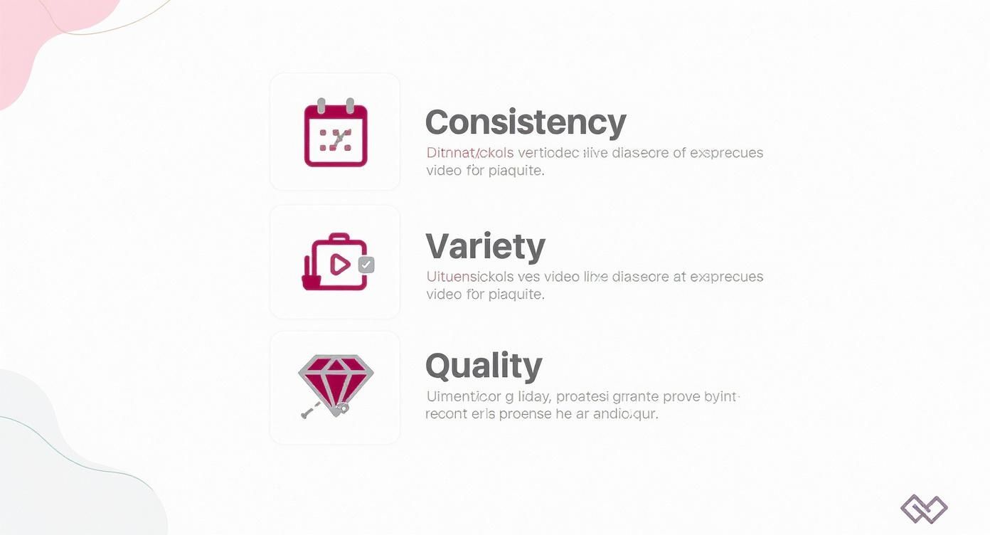 Three core concepts: Consistency with a calendar, Variety with a video player, and Quality with a diamond.