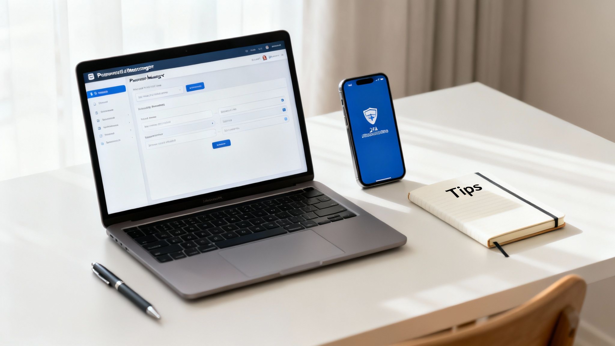A modern workspace featuring a laptop with a password manager, a phone, a tips notebook, and a pen.
