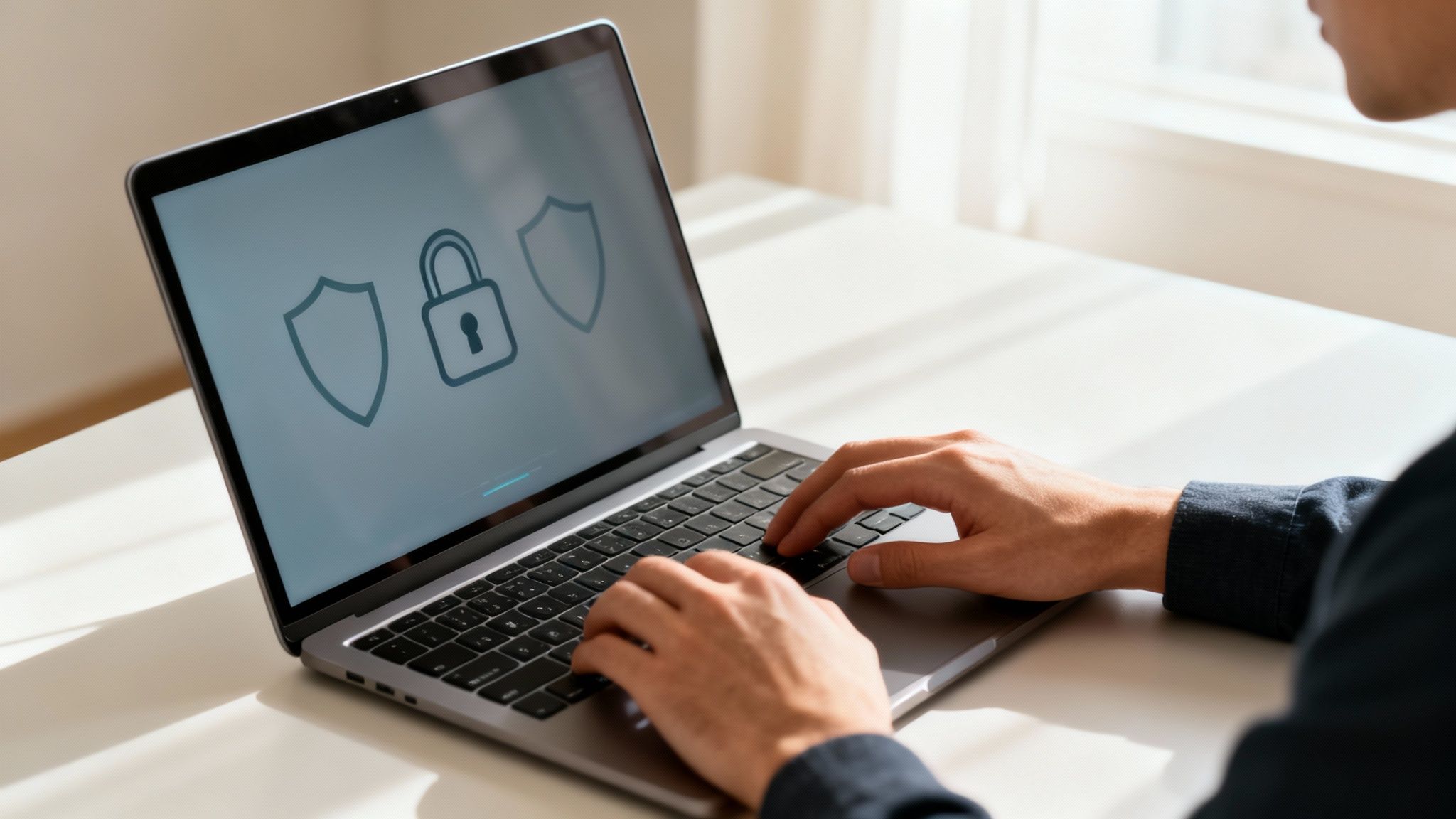 A person types on a laptop displaying digital security icons like shields and a padlock, symbolizing data protection.