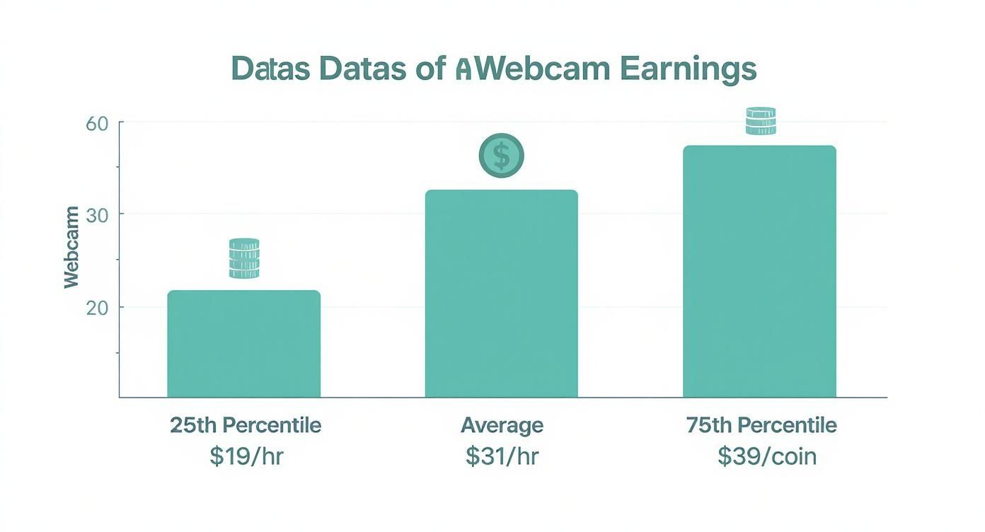 Bar chart showing webcam model earnings at 25th percentile, average, and 75th percentile levels