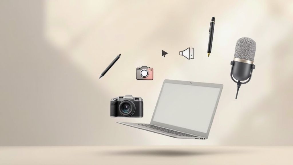 A chart showing an upward trend line, symbolizing business growth, projected over a digital background of content icons like videos and articles.