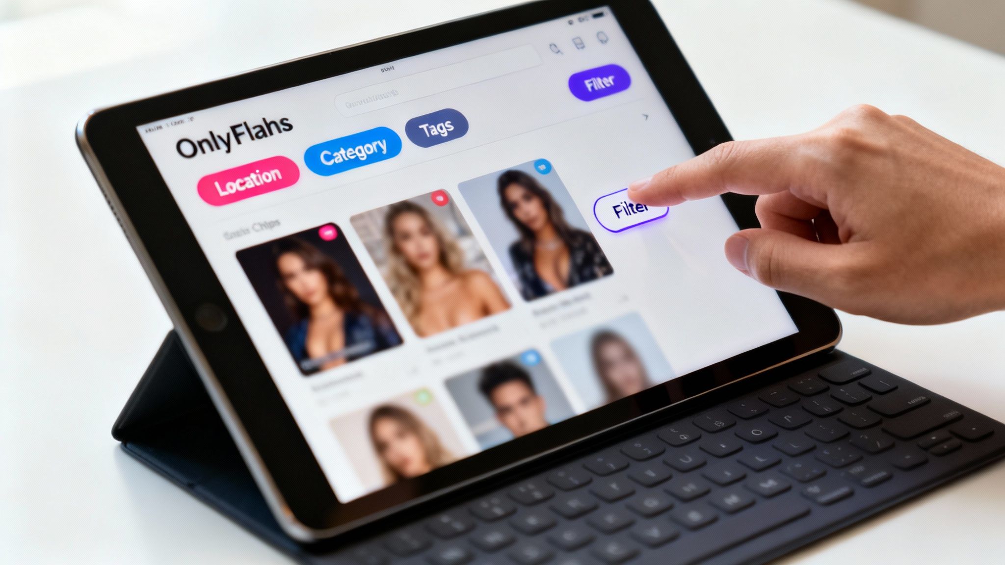 A hand taps the 'Filter' button on a tablet displaying the 'OnlyFlahs' app with profiles.