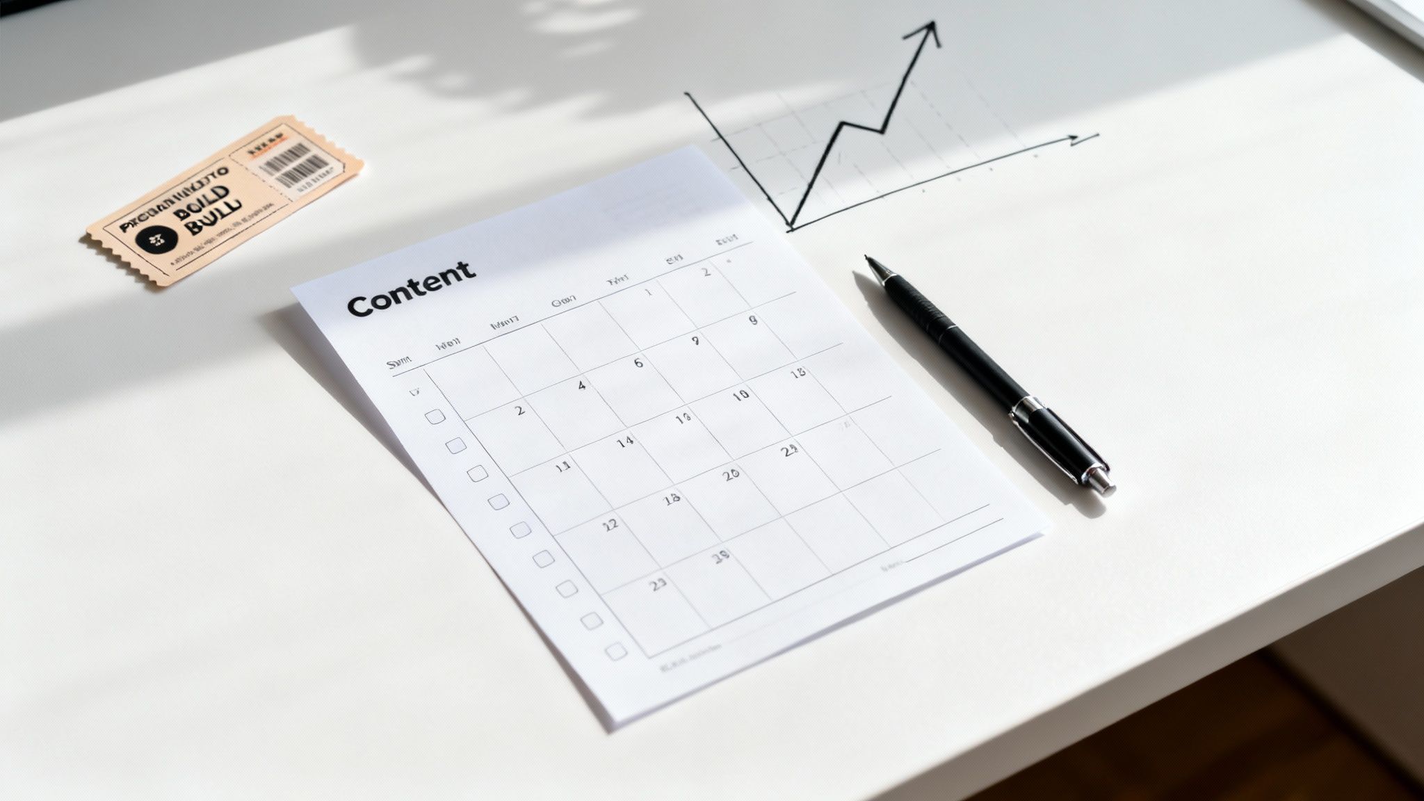 A white desk setup with a 'Content' calendar, a pen, a hand-drawn graph, and a ticket.