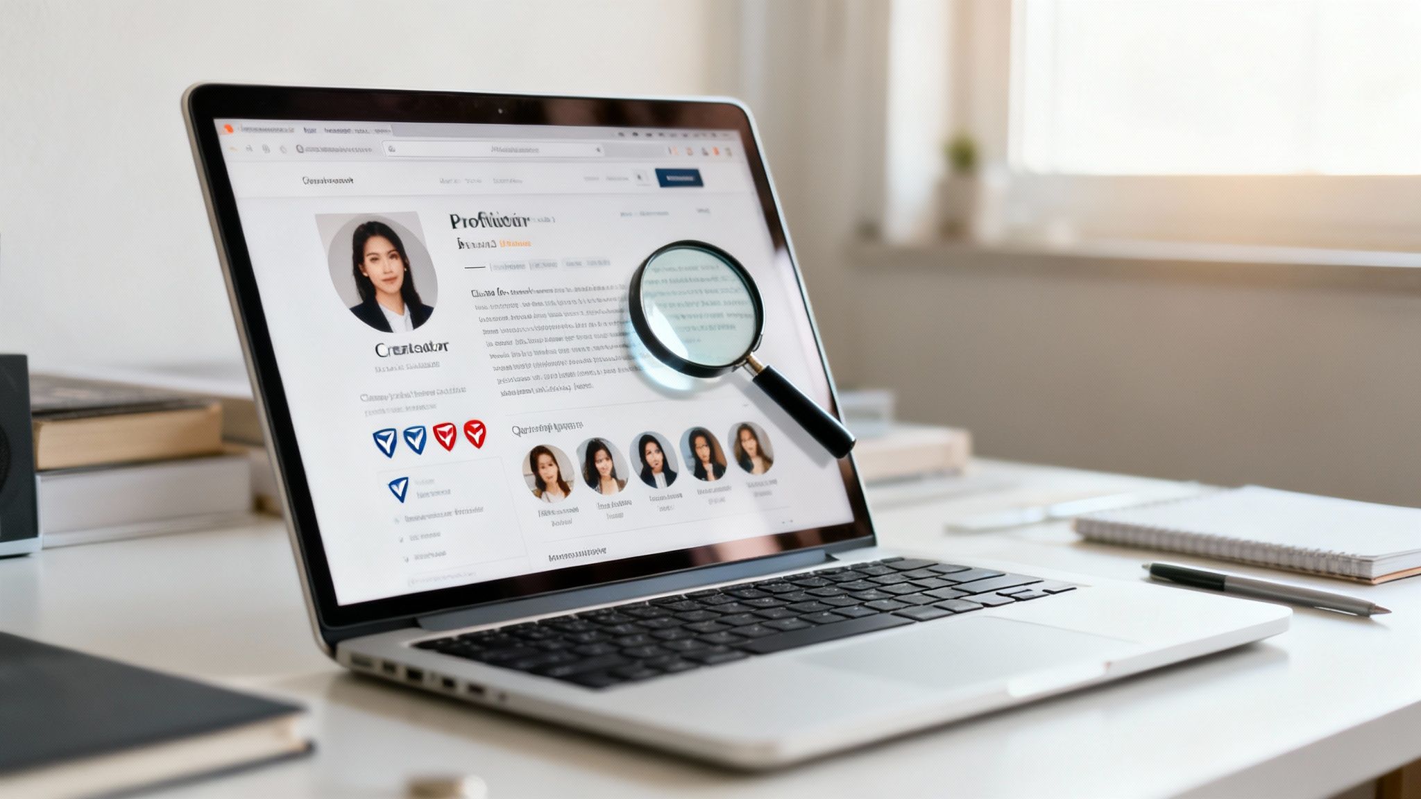 A laptop displaying an online profile with a woman's photo and text, with a magnifying glass on the screen.